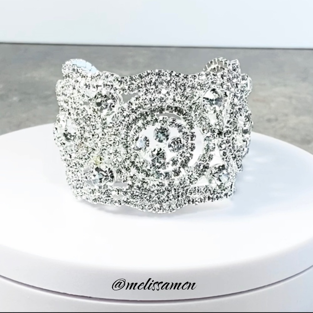 Wide Rhinestone Crystal Cuff Bracelet for Bridal, Holiday or Special Occasions - Picture 4 of 5